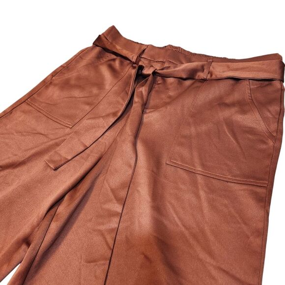 Anthro Joie Pants Satin Wide Leg Stretch Waist Bow Tie Pockets Flowy Copper XL - Picture 6 of 12